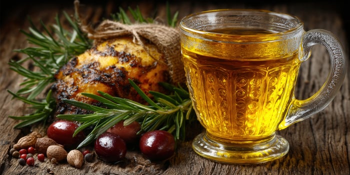 A rustic still life presents a warm cup of tea alongside delicious roasted food and spices. photo