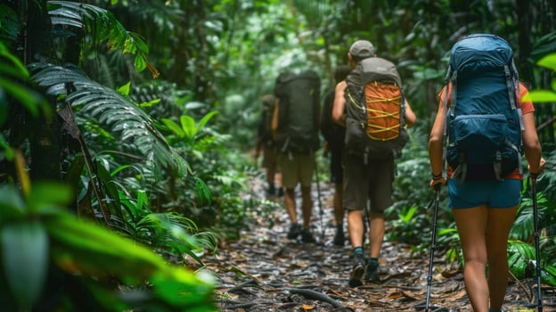 Hikers exploring a dense rainforest trail, embracing adventure and the beauty of nature. photo