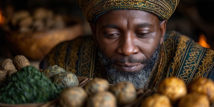 An African merchant in traditional attire, closely examining fresh ingredients photo