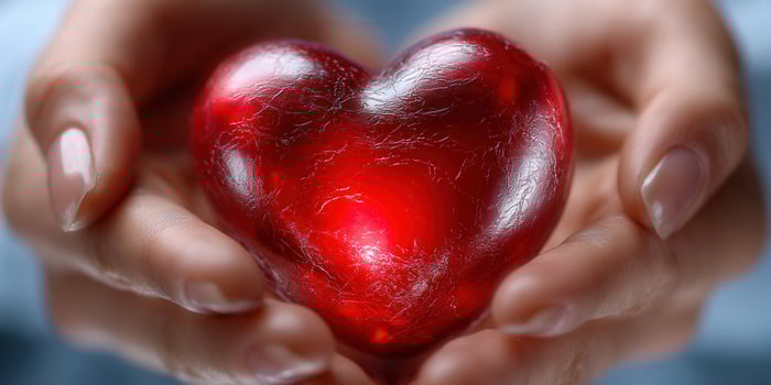 Gentle hands cradle a vibrant, glowing red heart, perfect for expressing love and care. photo