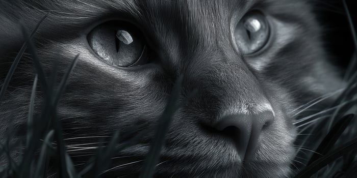 Mysterious feline gaze in a monochromatic portrait, partially hidden by grass. photo