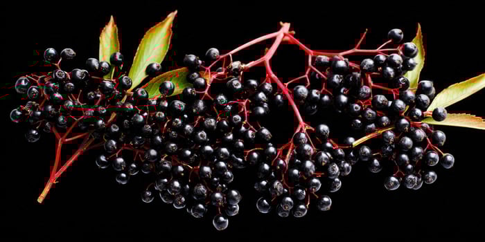 A close-up view of ripe elderberries on a branch against a black background. photo