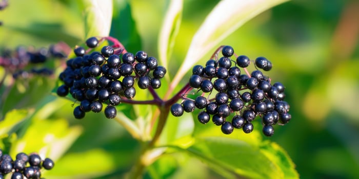 Clusters of ripe, dark elderberries hang on a branch, ready to be harvested in the bright sunshine. photo