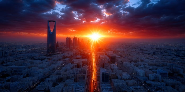 Riyadh, Saudi Arabia, glows at sunset, as the sun sets over the modern city's skyline. photo