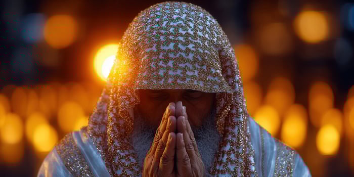 A serene portrait of a man in prayer, illuminated by warm bokeh lights. photo