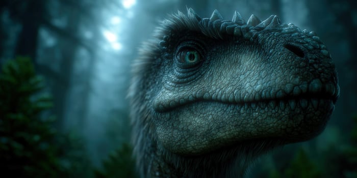 A captivating close-up of a realistic dinosaur in a mysterious and foggy forest setting. photo