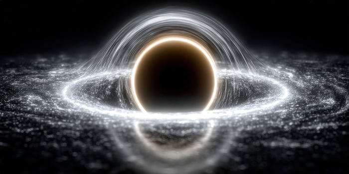 Stunning depiction of a black hole, with glowing light around its dark center, set in space. photo