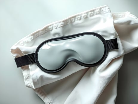 A white eye mask laying on top of a white cloth photo