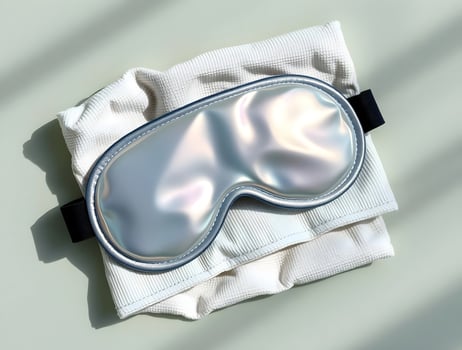 A white sleep mask with a silver frame photo