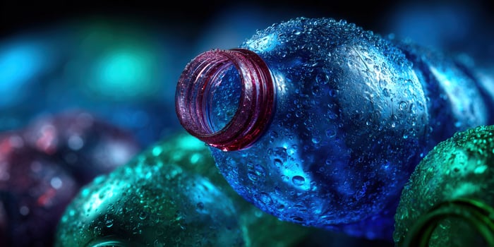 Macro shot of blue plastic bottles with water droplets, highlighting freshness and purity. photo