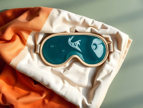 A pair of goggles on top of an orange and white blanket photo