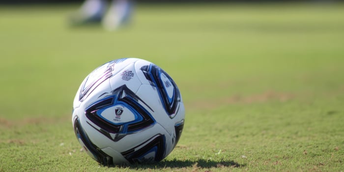 A close-up of a soccer ball on a vibrant green field, ready for play. photo