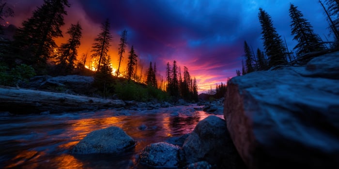 Fiery sunset illuminates a river as a forest fire rages in the background. photo
