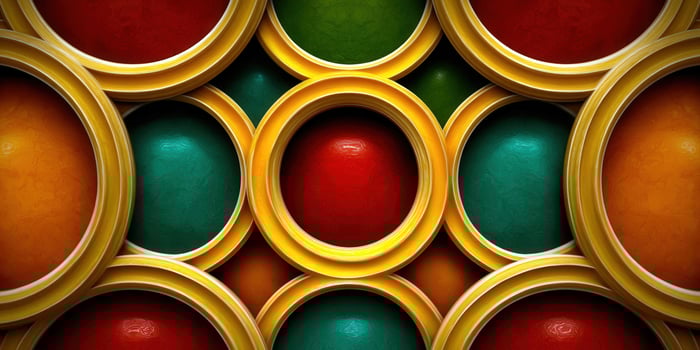 Colorful abstract design with overlapping circles and golden frames. photo