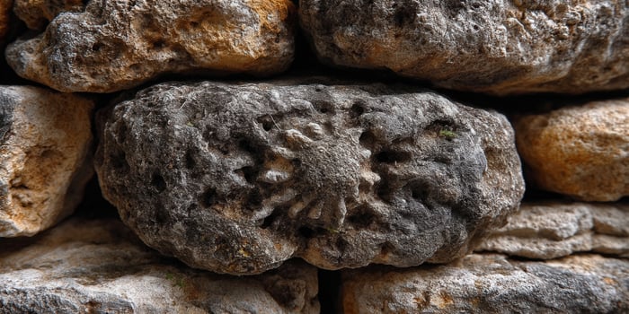 A close-up captures the rugged texture of an ancient stone wall, revealing intricate details. photo
