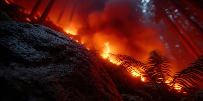 A raging forest fire consumes trees, creating an inferno of smoke and flames in a natural disaster. photo