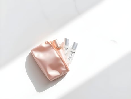 A pink cosmetic bag with two bottles and a brush photo
