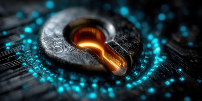 Illuminated keyhole on a circuit board, symbolizing digital security and access. photo