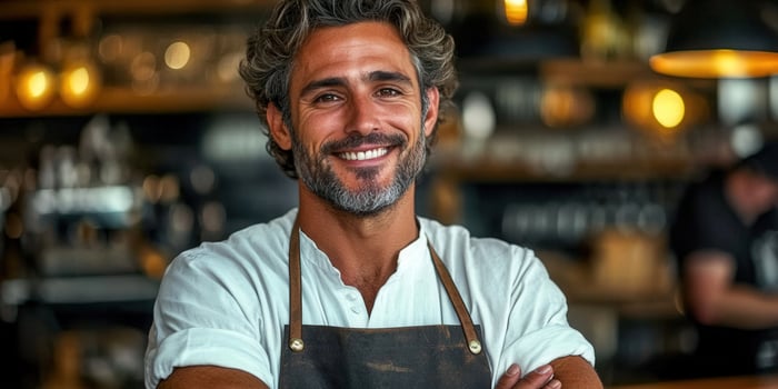 A happy barista smiles at the camera in his cafe photo
