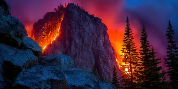 A mountain blazes with fire, creating a striking scene of nature's raw power and destruction. photo