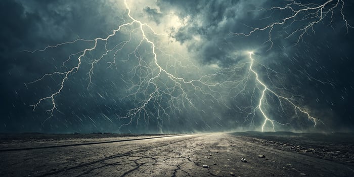 Lightning storm over the road in the middle of the night photo