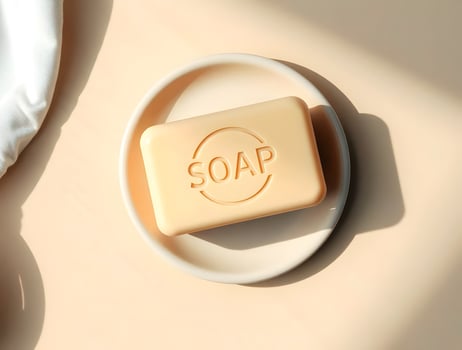 A soap bar on a plate with a white towel photo