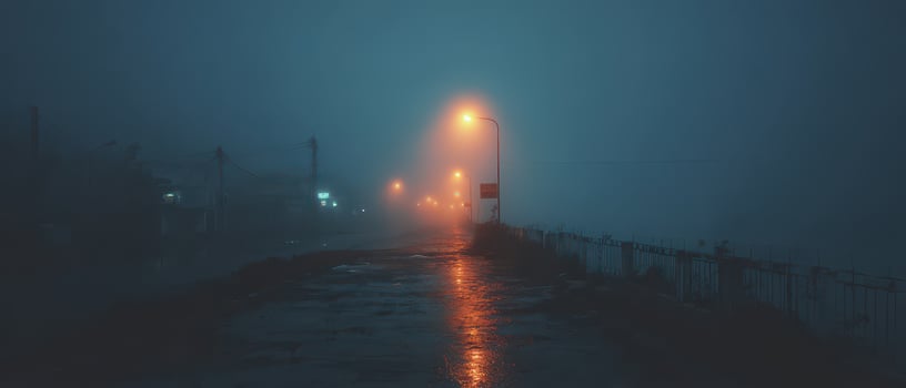 Foggy night walk along a dimly lit street photo