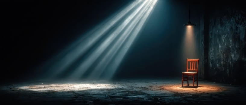 Empty chair under spotlight in dark room photo