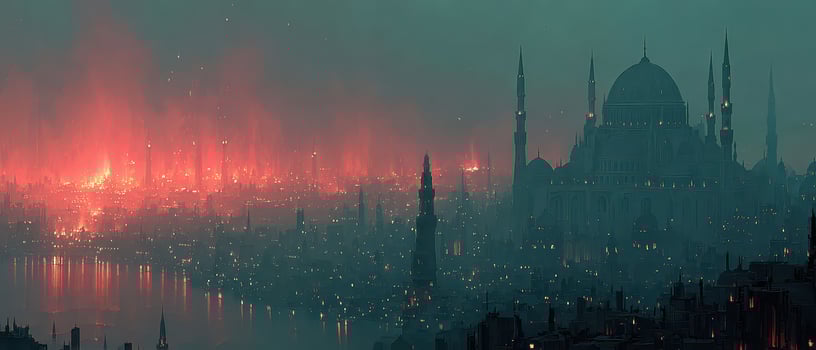 City skyline illuminated by glowing fires at dusk photo