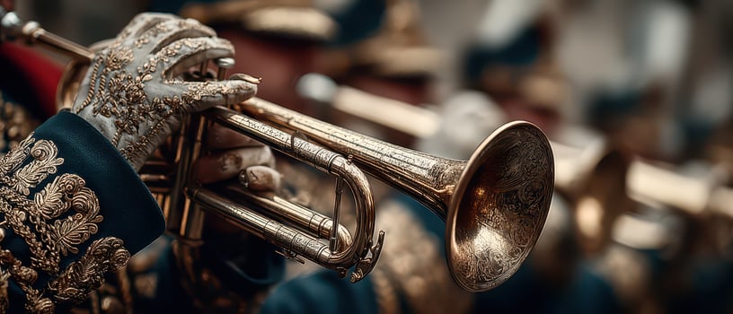 Musicians in uniform with decorated trumpets photo