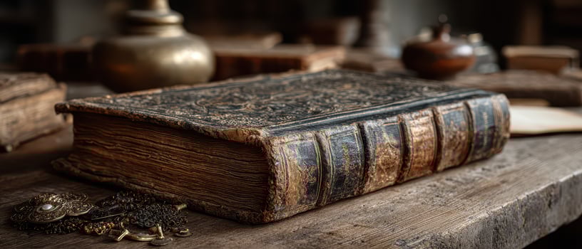 Old leather bound book displayed on a wooden table photo