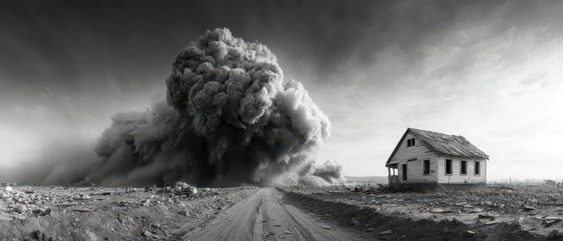 Mysterious smoke cloud near an old house photo