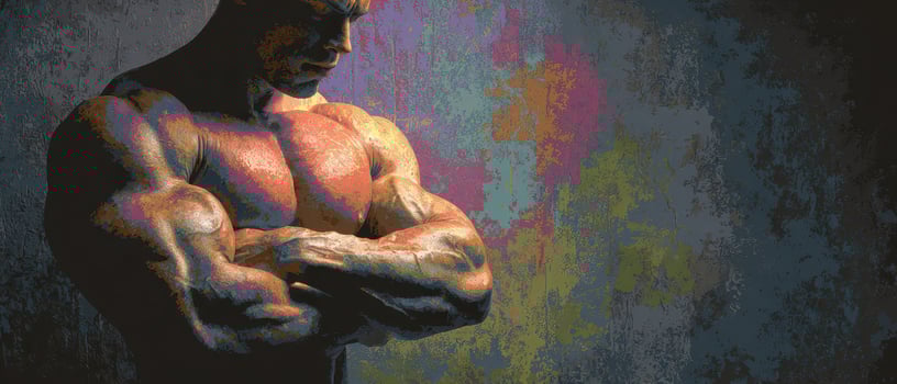 Muscular figure posing against a textured wall photo