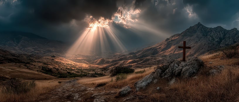 Sunlight pierces clouds above mountains photo