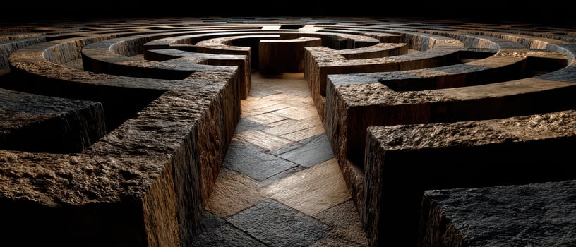 Intricate stone maze design with illuminated path photo
