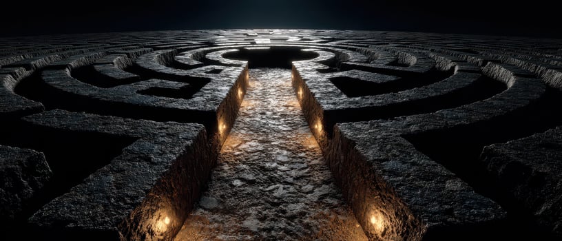 Intricate labyrinth with glowing lights at night photo