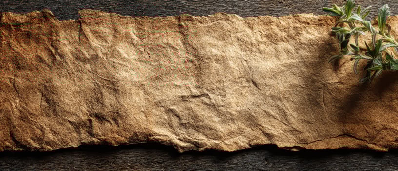 Herb sprig on textured paper wooden table photo
