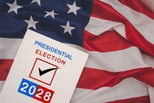 Presidential election 2028 text on white paper over the American flag background photo