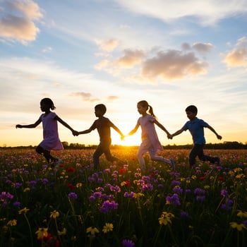 Children running through a field of flowers at sunset holding hands photo