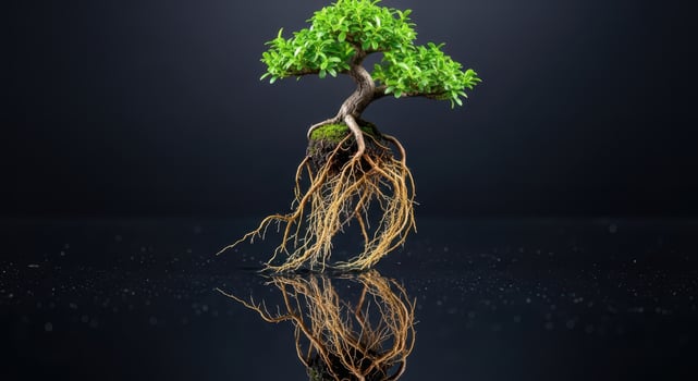 A small bonsai tree with intricate roots on a dark reflective surface photo