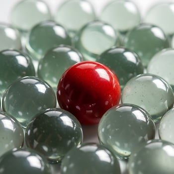 A red ball in a group of green and red marbles photo