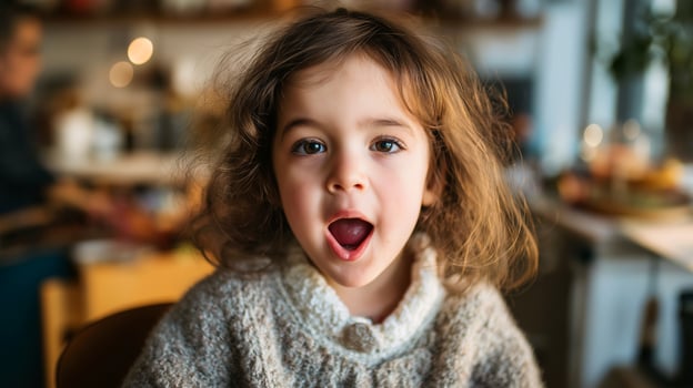 Joyful Child Expressing Wonder Indoors, Capturing the Essence of Childhood in Cozy Home Setting photo