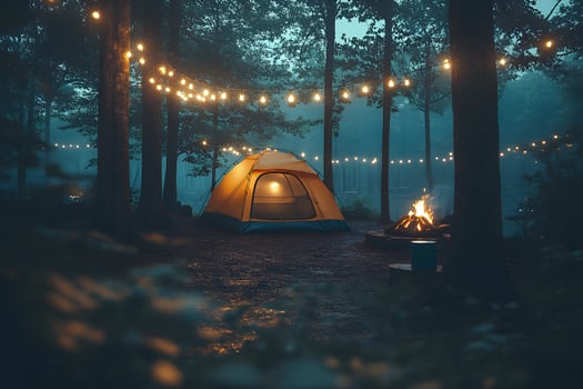 Enchanting Forest Camping Retreat with Illuminated Tent and Campfire Ambiance photo