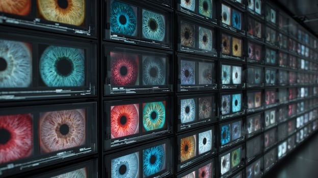 A modern facility features numerous screens displaying various eye patterns used for biometric identification alongside fingerprint data. photo