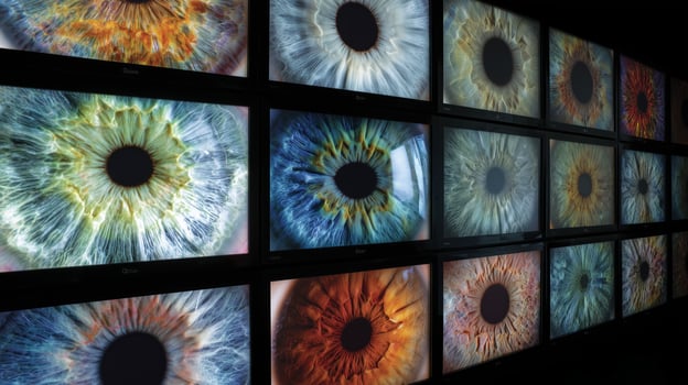 Multiple screens showcase a fascinating array of biometric eye patterns, highlighting the unique details and colors of human irises. photo