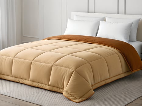 Beige and Brown Reversible Quilted Comforter on a Bed photo