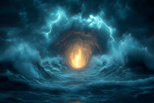 Dramatic Lightning Storm and Vortex Over Turbulent Ocean Waves photo