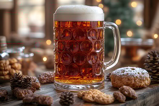Festive Beer Mug with Holiday Cookies and Pine Cones in Cozy Winter Setting photo