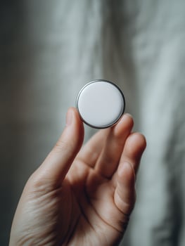 Close-up of hand holding a small round button or coin against a neutral background photo