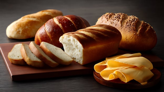 Artisan breads assortment with cheese slices on a wooden board backdrop. photo